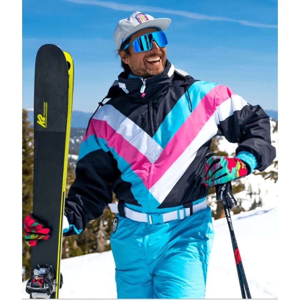 Tipsy Elves Mens Pastel Pro Ski Suit XL Retro 80s Pink Blue Navy One Piece $299